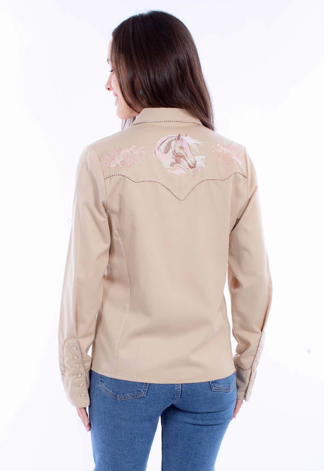 Classic Appeal Scully Womens Horse and Rose Tan Poly/Rayon L/S Shirt