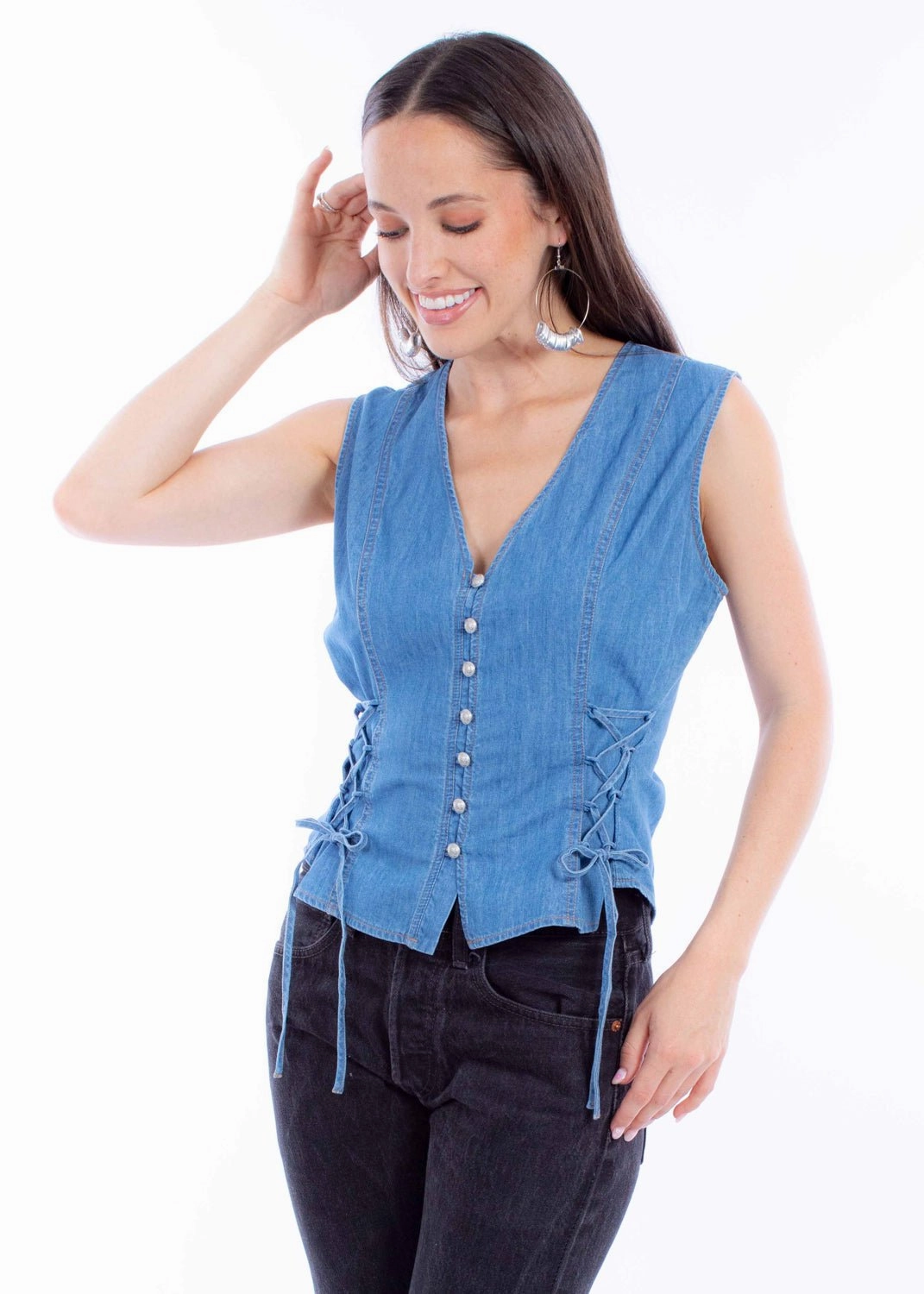 Scully Womens Lace Up Ties Blue Cotton Denim Vest Timeless Design
