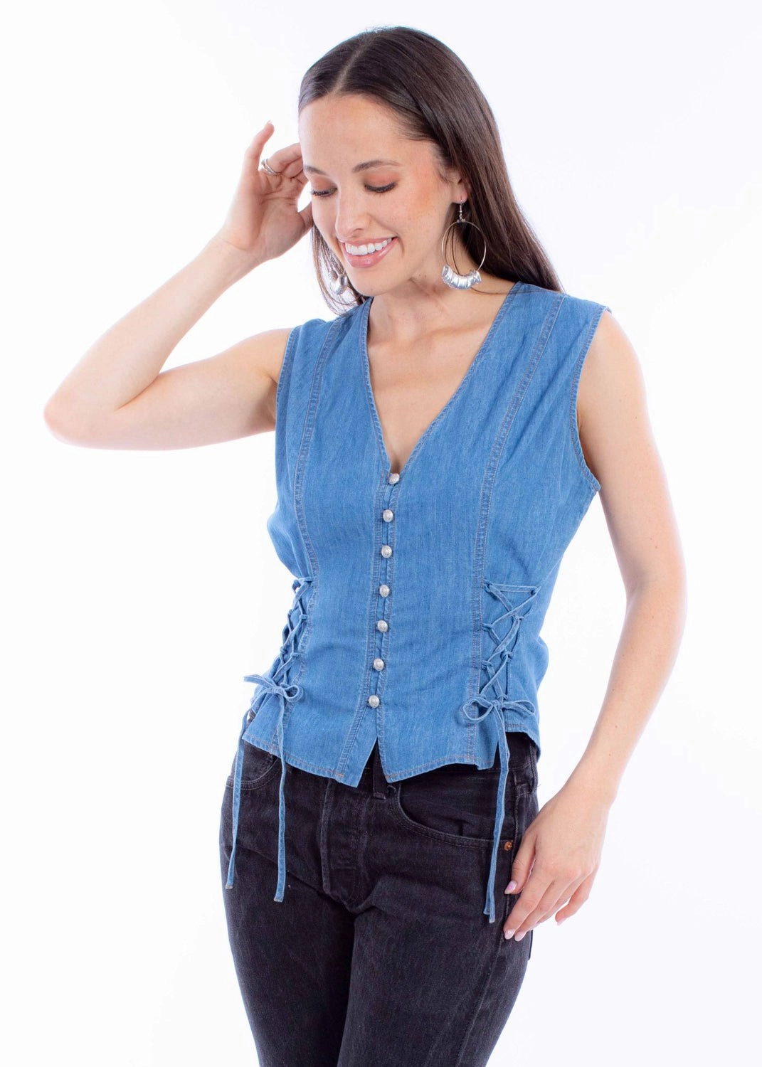 Scully Womens Lace Up Ties Blue Cotton Denim Vest Comfortable Style Cold Weather Knitwear