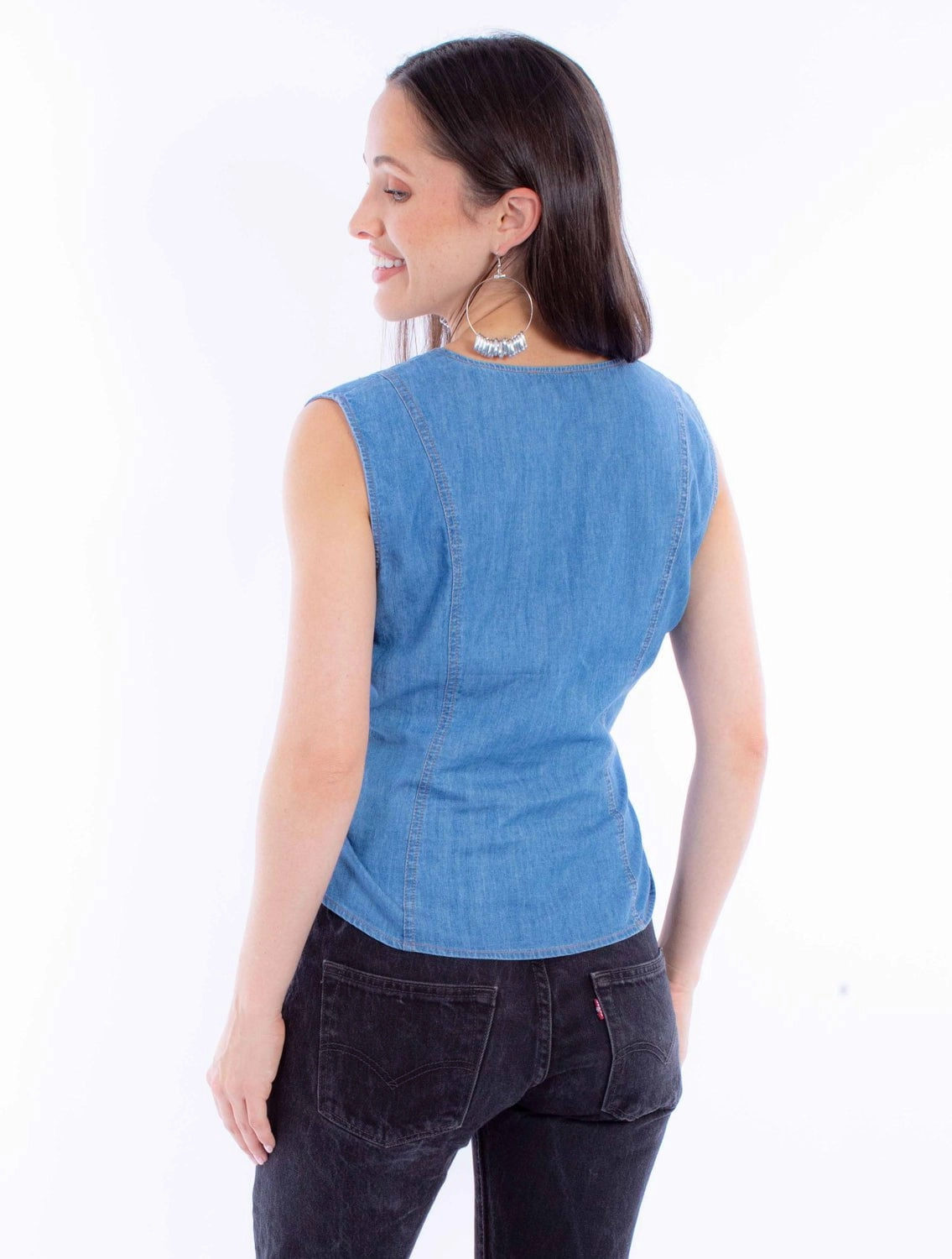 Elegant Comfort Scully Womens Lace Up Ties Blue Cotton Denim Vest