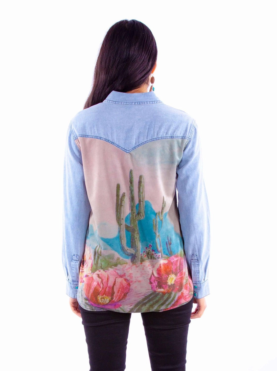 Scully Womens Microfiber Cactus Scene Denim Cotton Blend L/S Shirt Double Needle Hemming