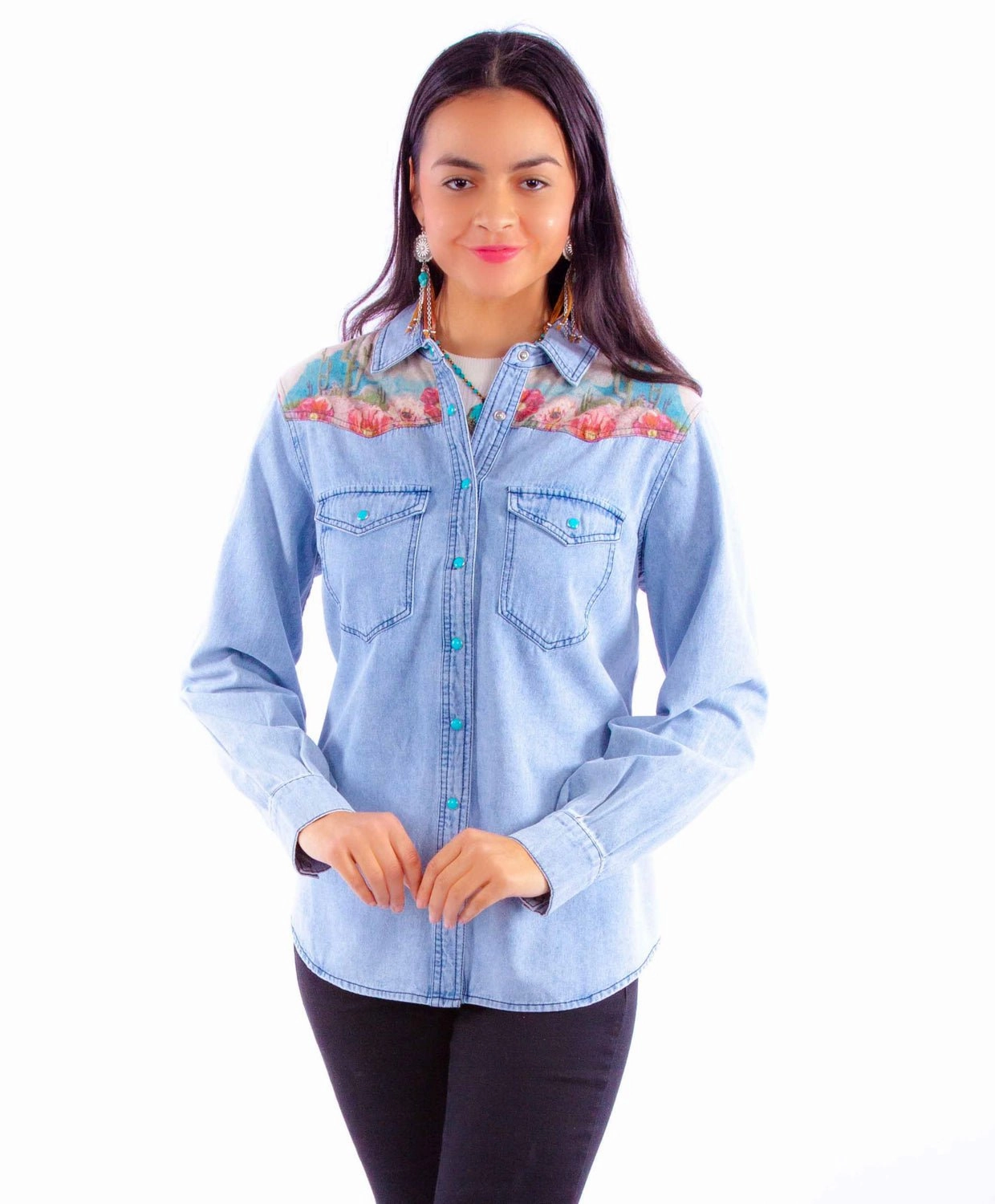 Scully Womens Microfiber Cactus Scene Denim Cotton Blend L/S Shirt Cultural Inspired Outdoor Adventure