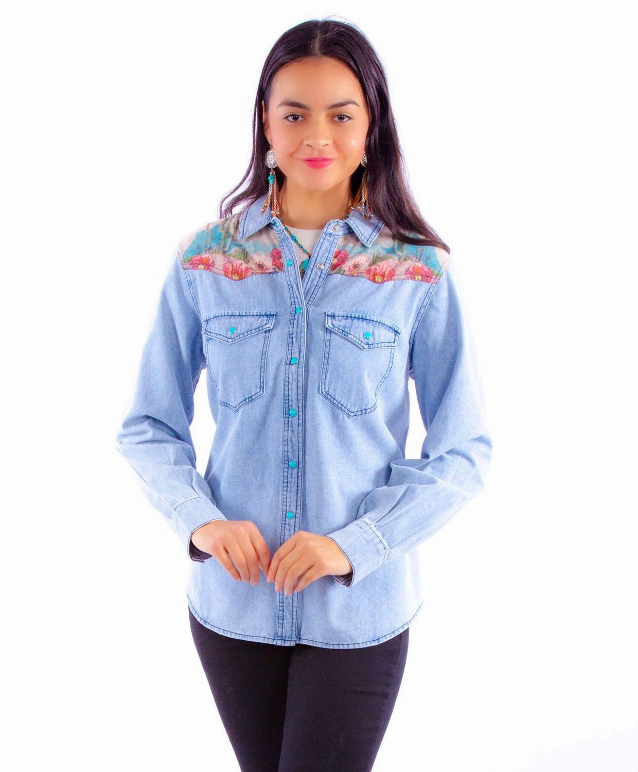 Anti Odor Treatment Scully Womens Microfiber Cactus Scene Denim Cotton Blend L/S Shirt