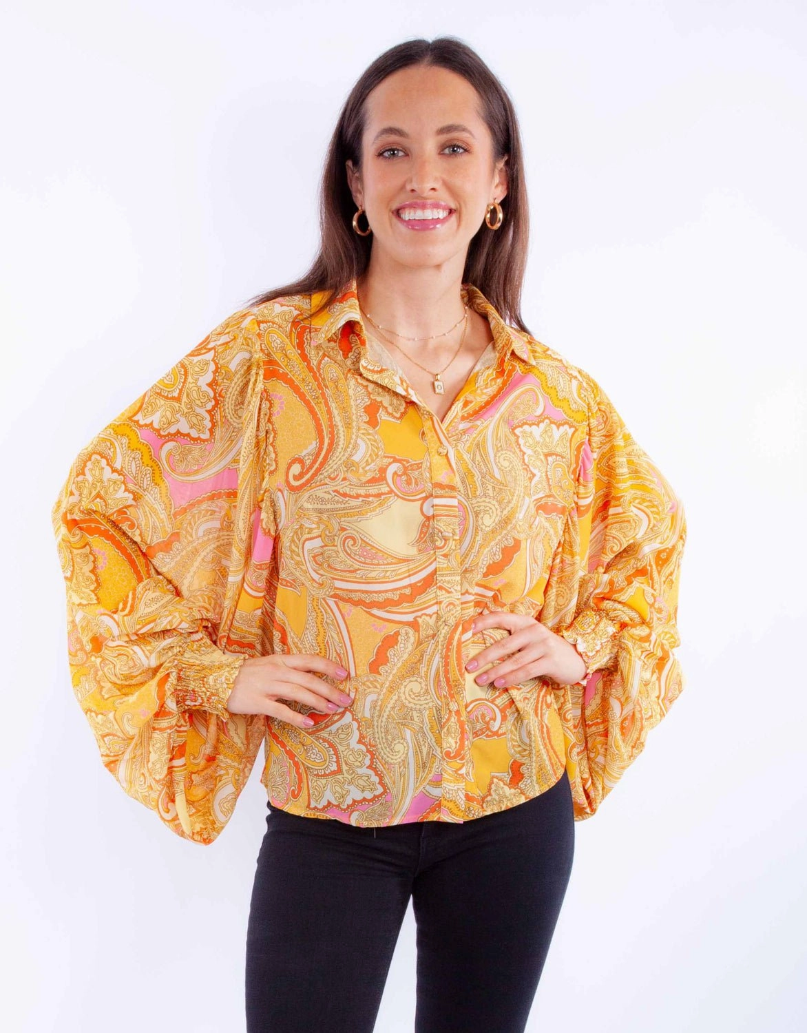 Scully Womens Paisley Balloon Sleeve Gold 100% Polyester L/S Blouse Hooded Neckline