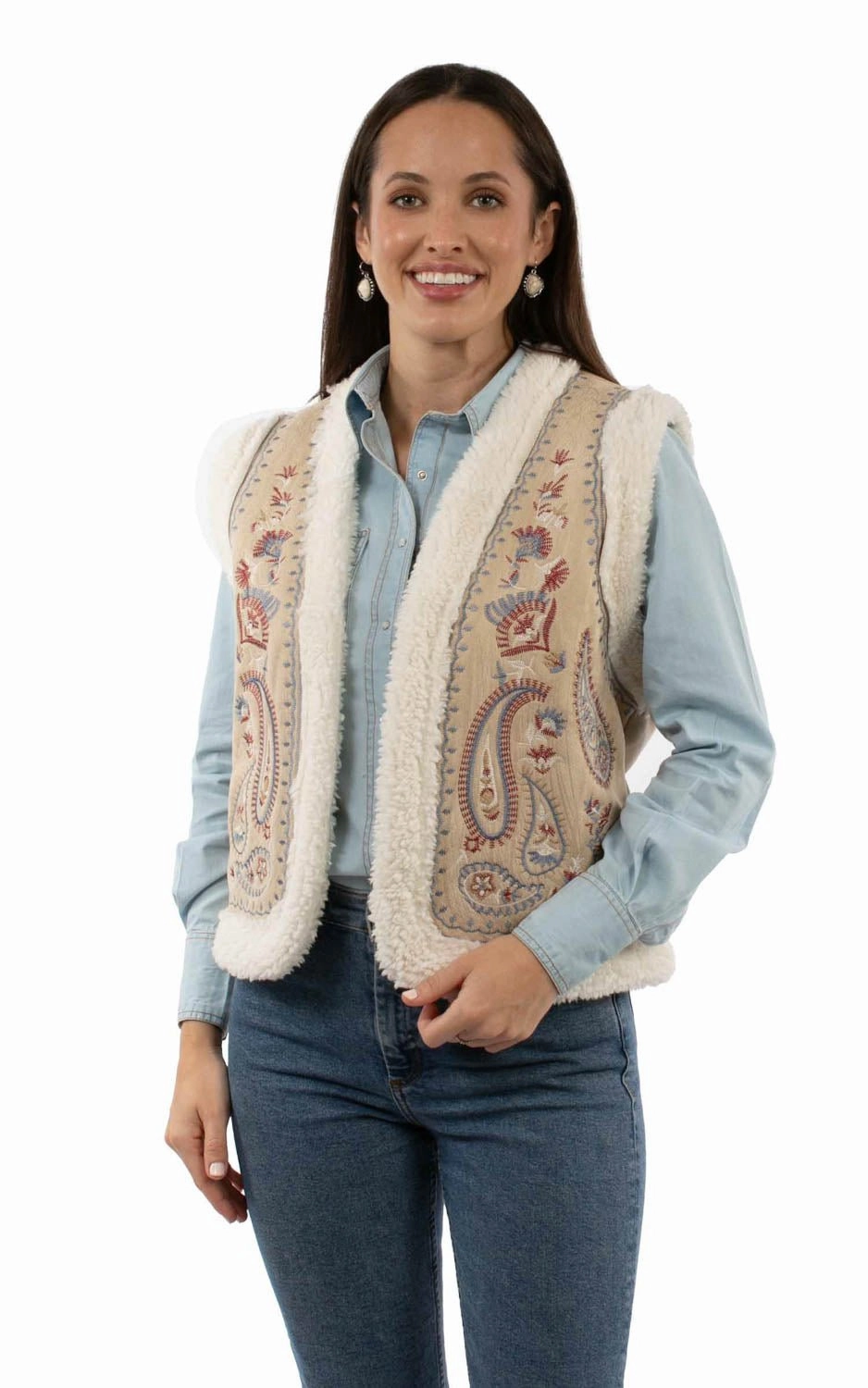 Chilly Day Style Soft Knit Scully Womens Paisley Embroidery Faux Sherpa Sand 100% Acrylic Faux Fur Vest