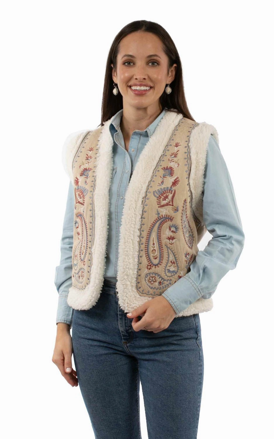 Seasonal Fashion Winter Layer Scully Womens Paisley Embroidery Faux Sherpa Sand 100% Acrylic Faux Fur Vest