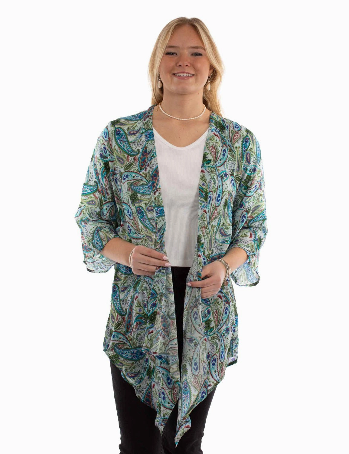 Scully Womens Paisley Floral Green Viscose Kimono Stretchable Cuff Warm Essentials