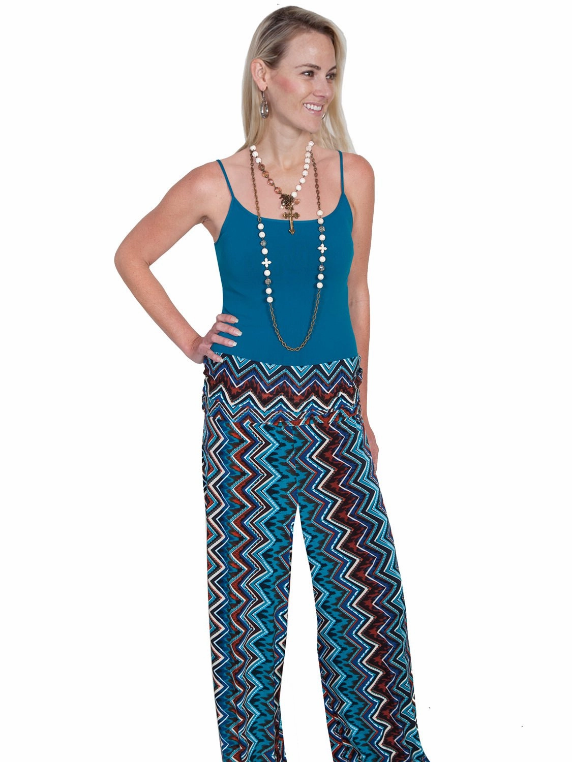 Scully Womens Palazzo Zig Zag Turquoise Poly/Spandex Lounge Pants Trend Setter Trendy Premium
