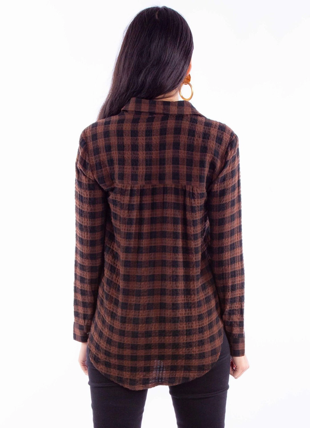 Scully Womens Plaid Button Up Brown Rayon Blend L/S Blouse Vintage Style