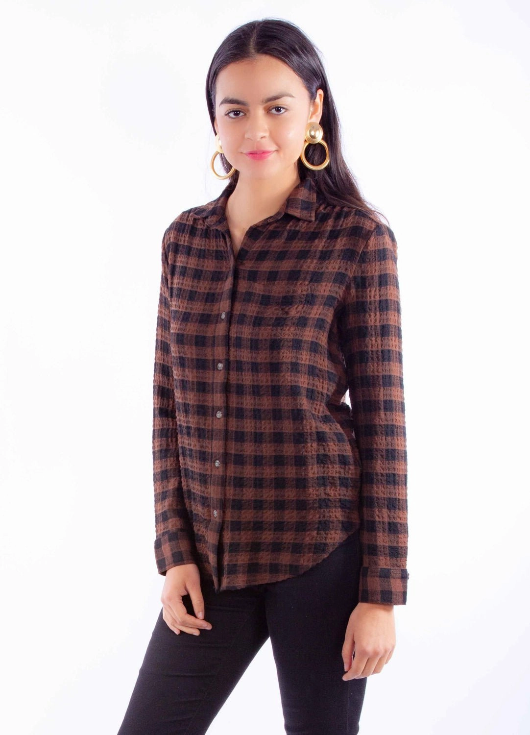 Scully Womens Plaid Button Up Brown Rayon Blend L/S Blouse Snag Free Surface