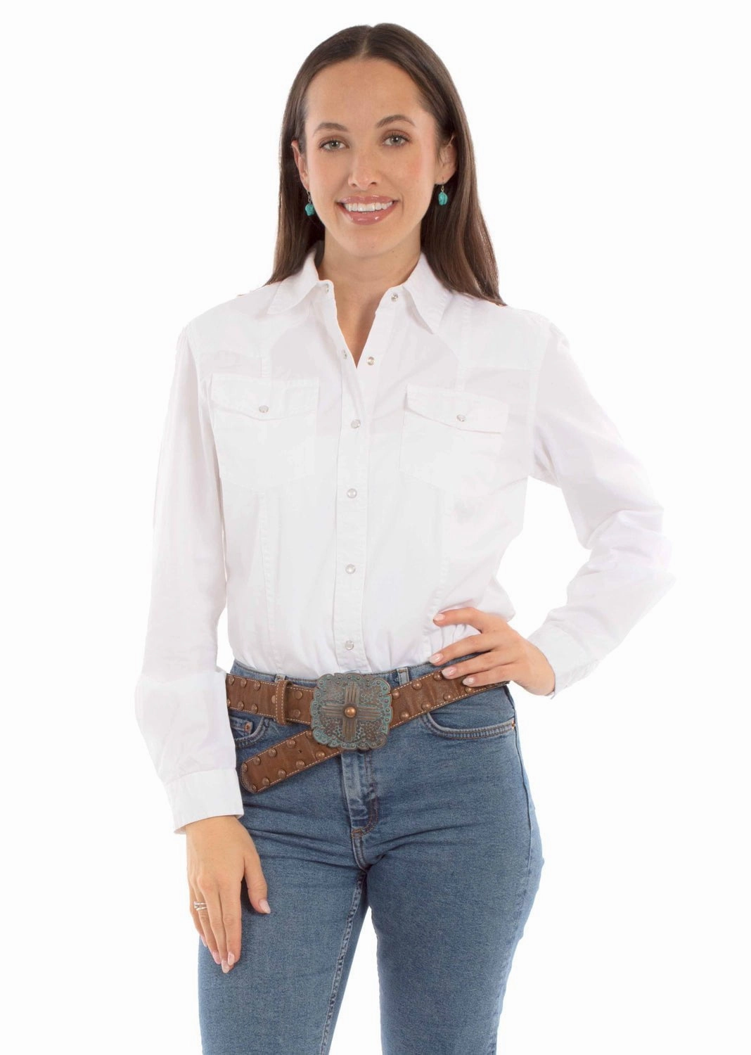 Multipurpose Utility Geometric Shape Scully Womens Plain Western White 100% Cotton L/S Shirt