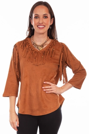 Scully Womens Pullover Fringe Brown Poly/Spandex S/S Tunic Soft touch finish Unmatched comfort