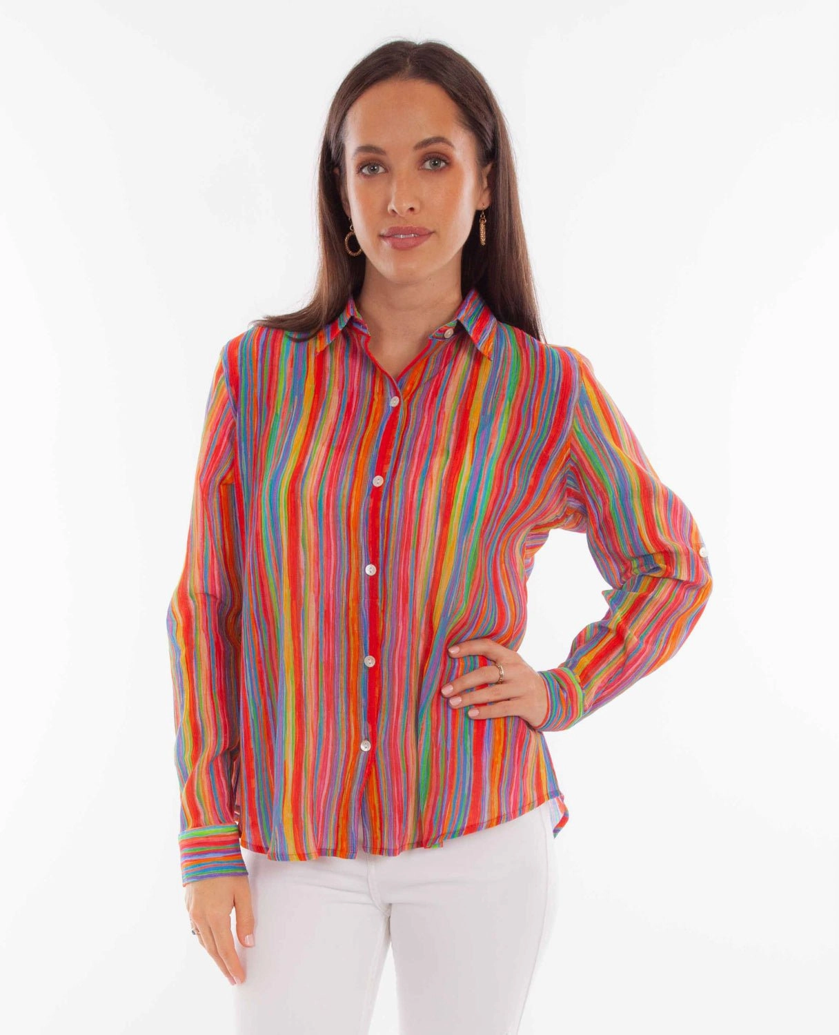 Scully Womens Rainbow Stripe Multi-Color Rayon L/S Blouse Reinforced Elbow Patches Relaxed Style