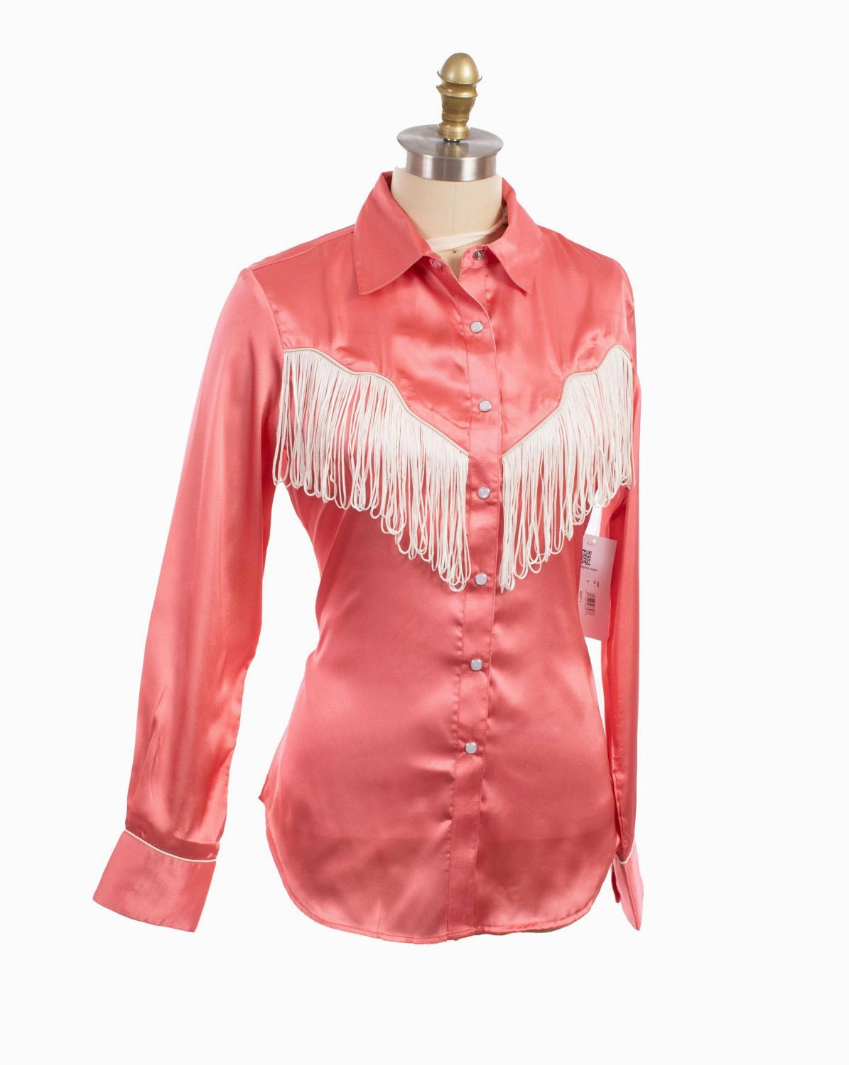 crew neck Non Restrictive Fit Scully Womens Retro Snap Fringe Pink 100% Polyester L/S Blouse