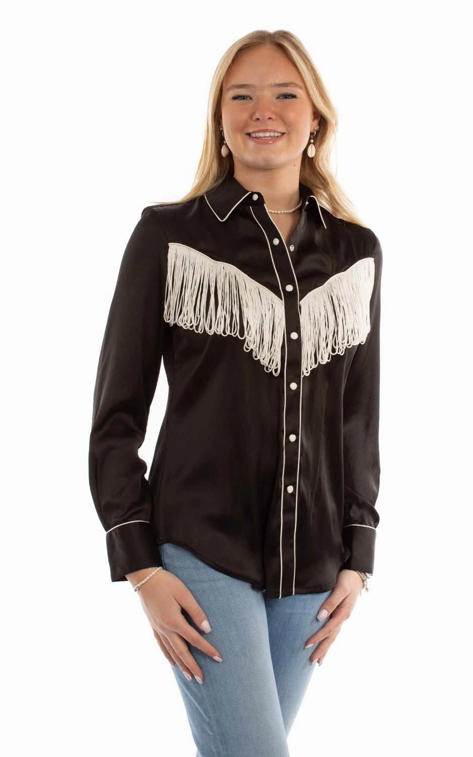 Scully Womens Retro Western Style Fringe Black 100% Polyester L/S Blouse Breathable Layer Layering Piece