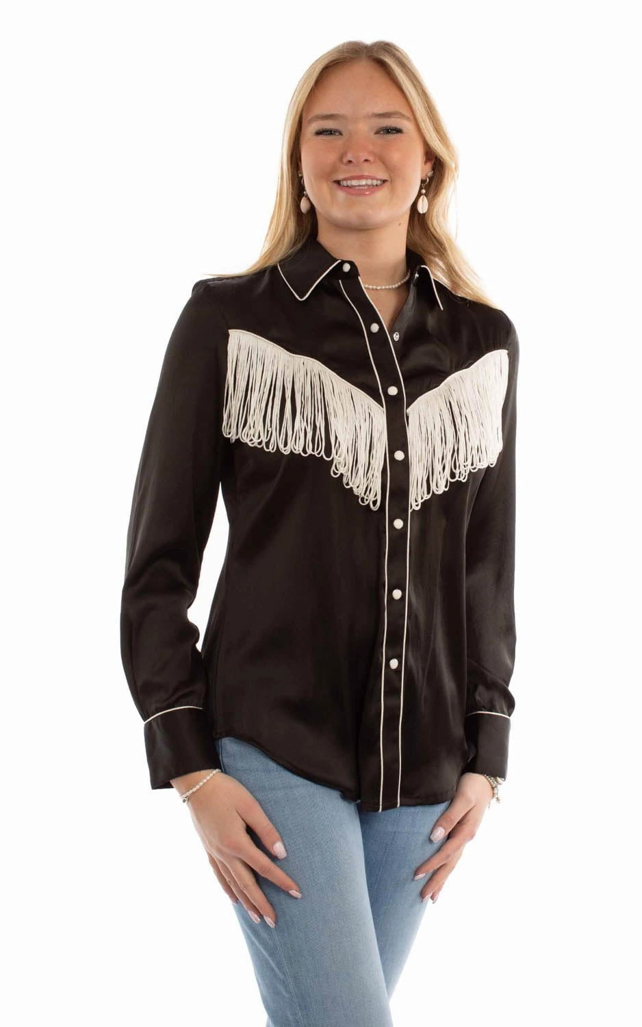 Scully Womens Retro Western Style Fringe Black 100% Polyester L/S Blouse Versatile Layering