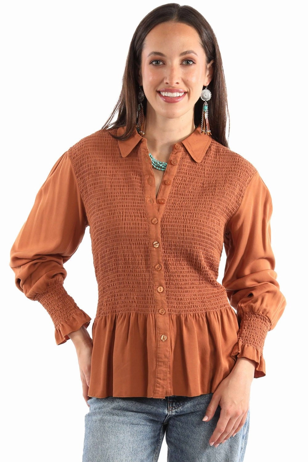 Multi Pocket Design Scully Womens Smocked Peplum Terracotta 100% Rayon L/S Blouse