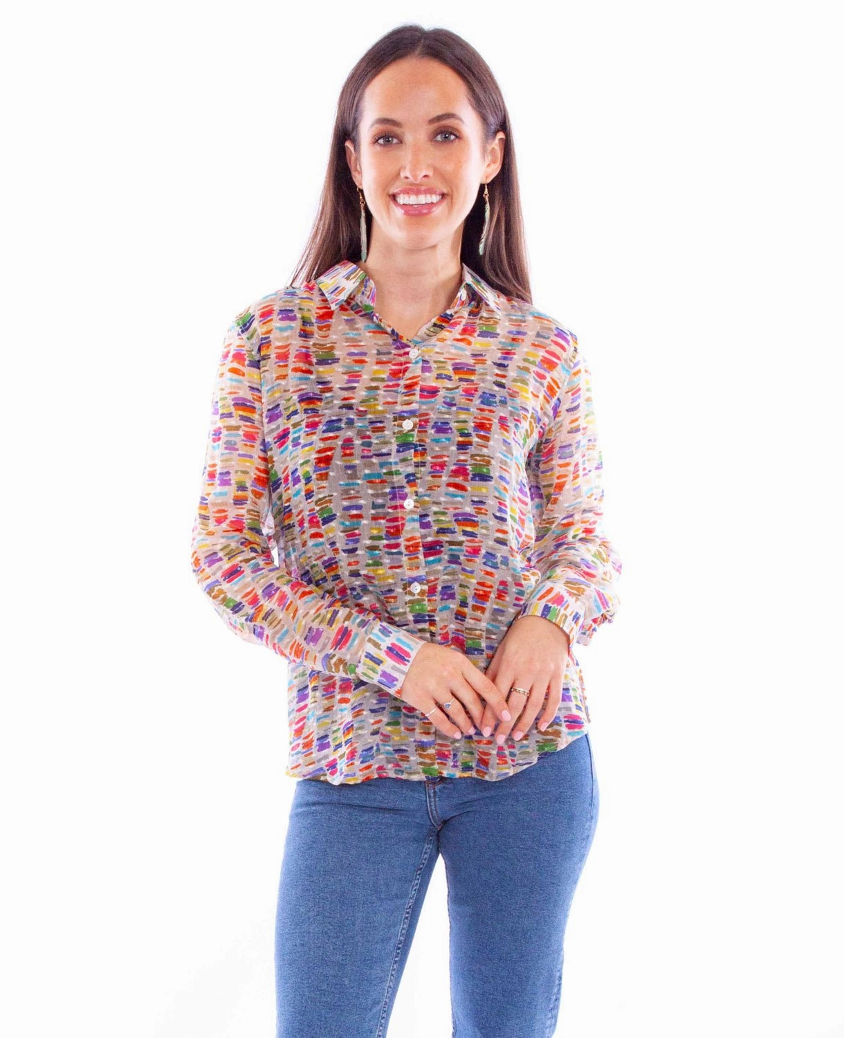 Scully Womens Stained Glass Multi-Color Rayon L/S Blouse Eco Dye Technique