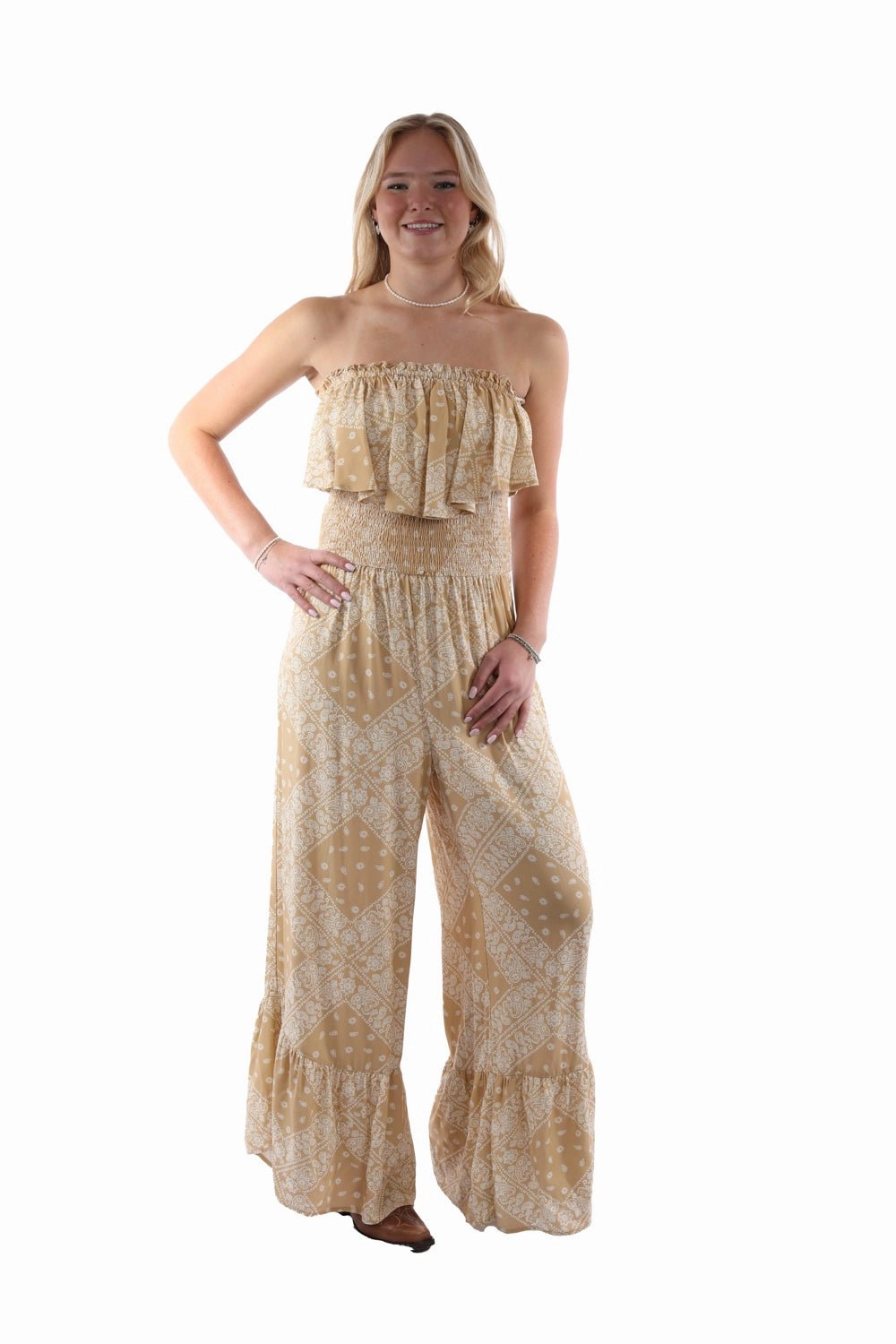 Family Style Slim Scully Womens Strapless Ruffle Trim Toffee Lyocell S/L Jumpsuit