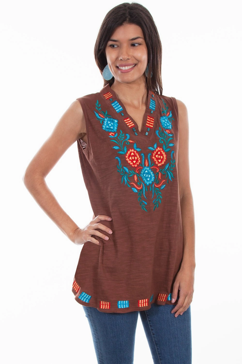 Scully Womens Stylized Floral Flare Brown 100% Cotton S/L Tank Top Zip Front Easy Care Material