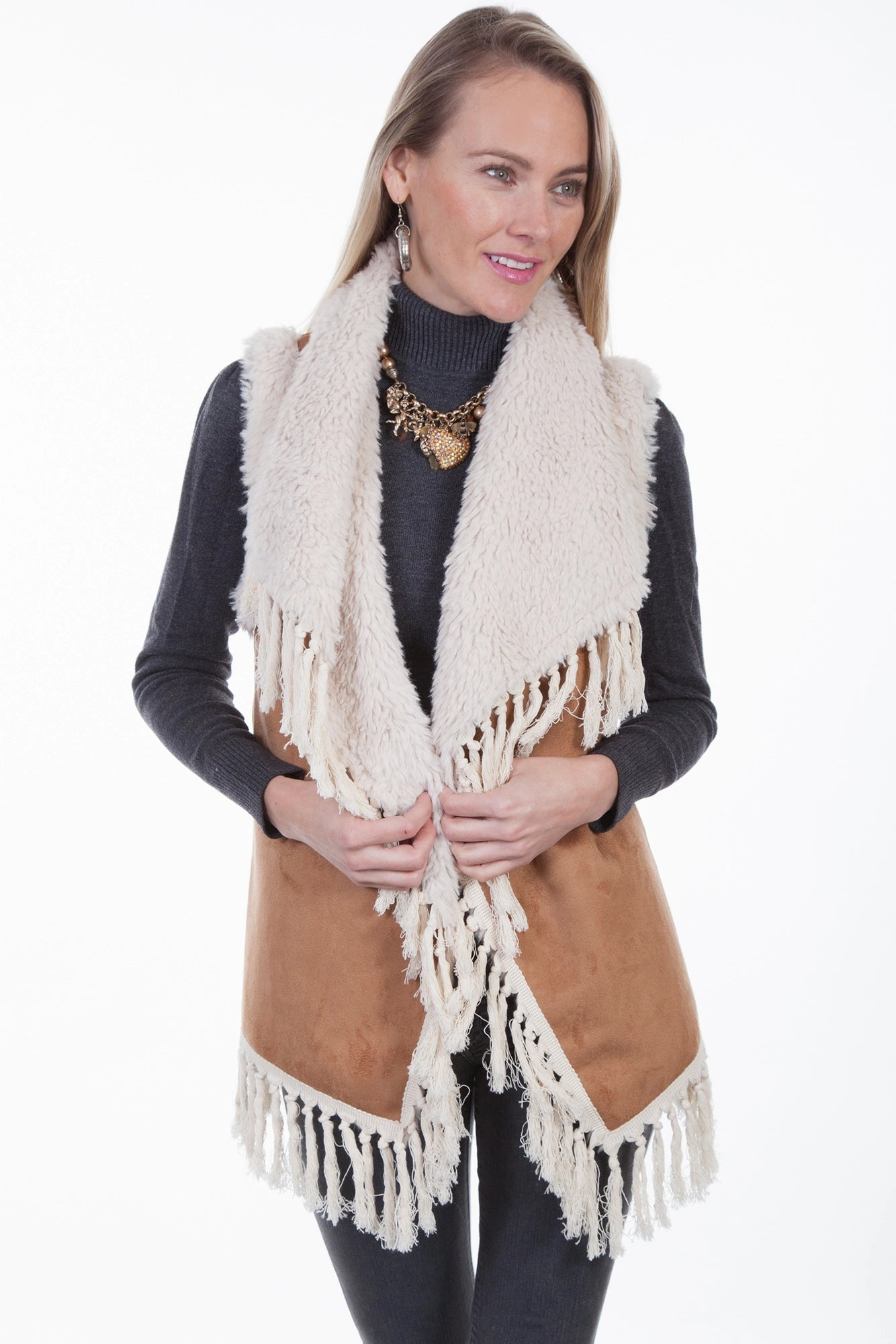 Seasonal Wear Scully Womens Tan Faux Fur Knotted Fringe Vest