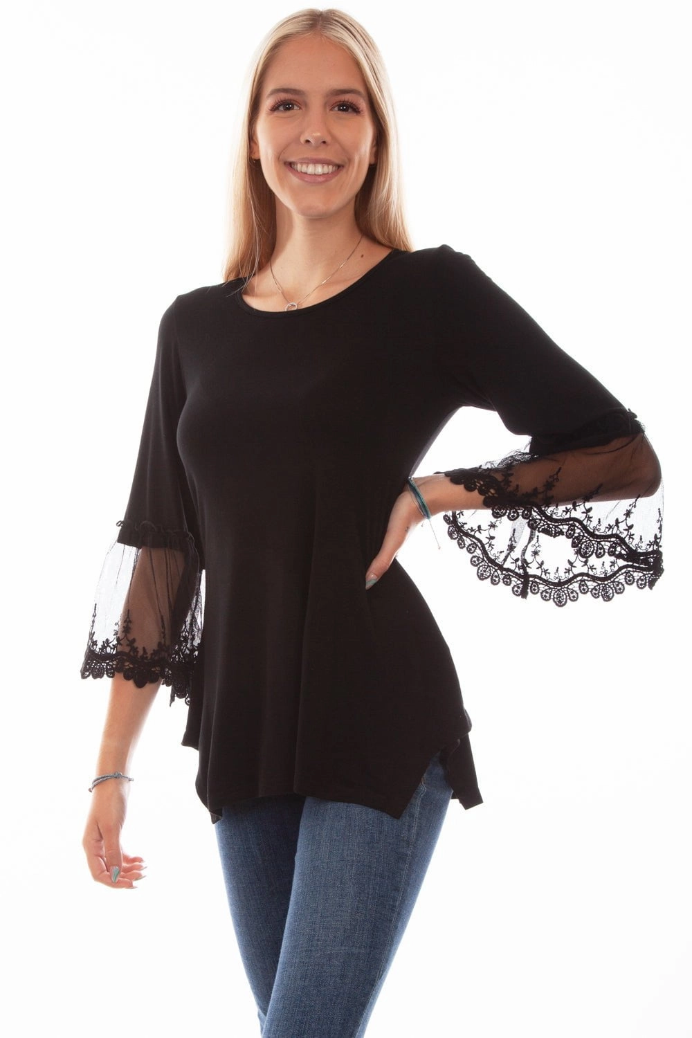 slim fit Low Maintenance Scully Womens Tulle Crochet Black Rayon S/S Tunic