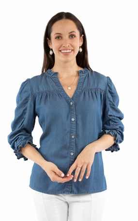 Iconic look Scully Womens V-neck Ruffle Detail Blue Lyocell 3/4 Sleeve S/S Blouse