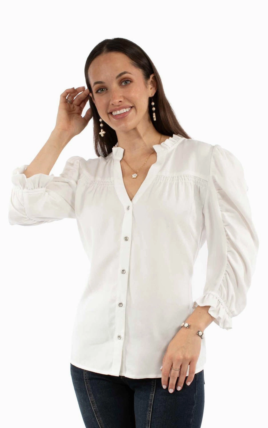 High-End Look Customizable Design Scully Womens V-neck Ruffle Detail White Lyocell 3/4 Sleeve S/S Blouse