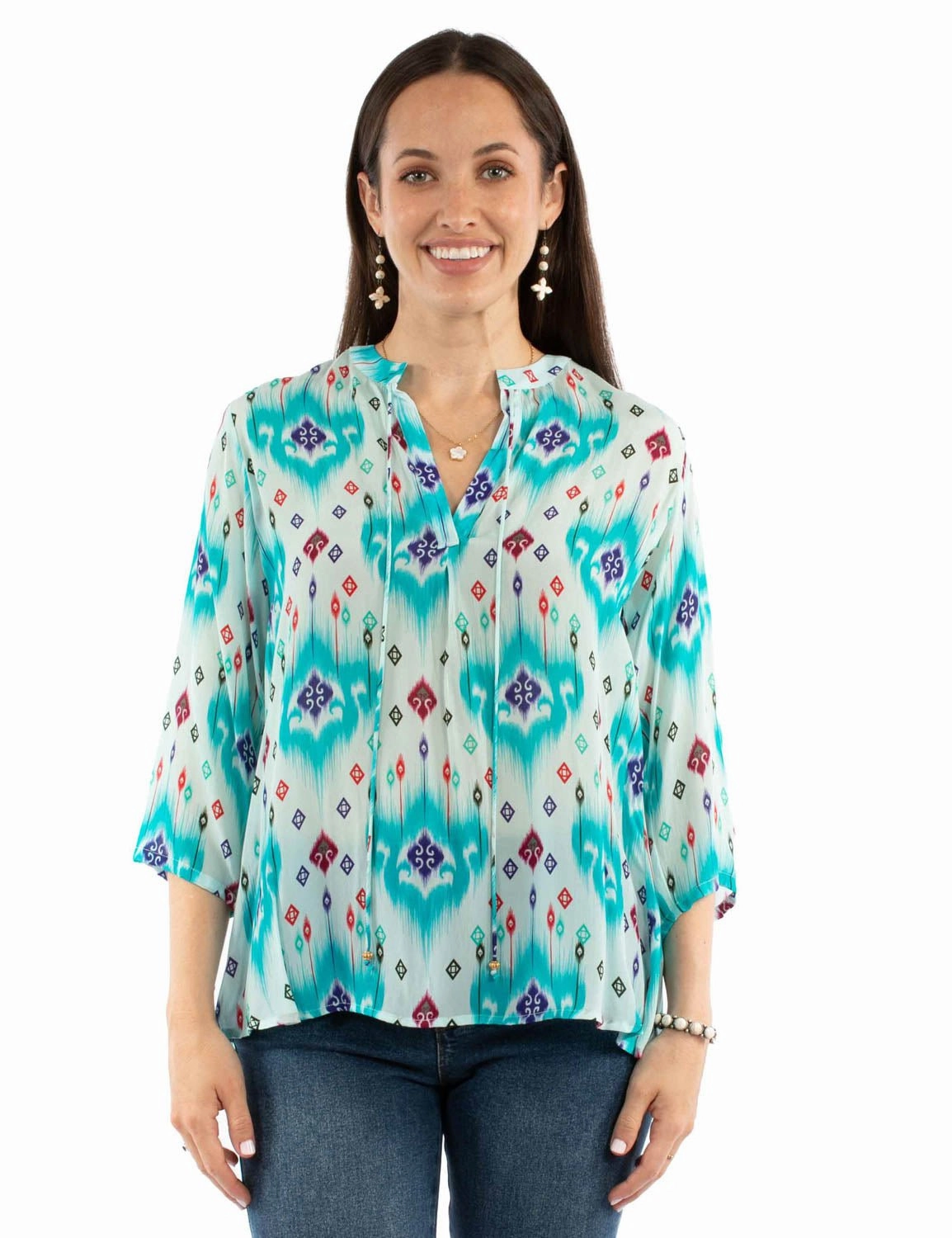 Corporate Retreat Scully Womens Vibrant Mandarin Collar Aqua Viscose 3/4 Sleeve S/S Blouse