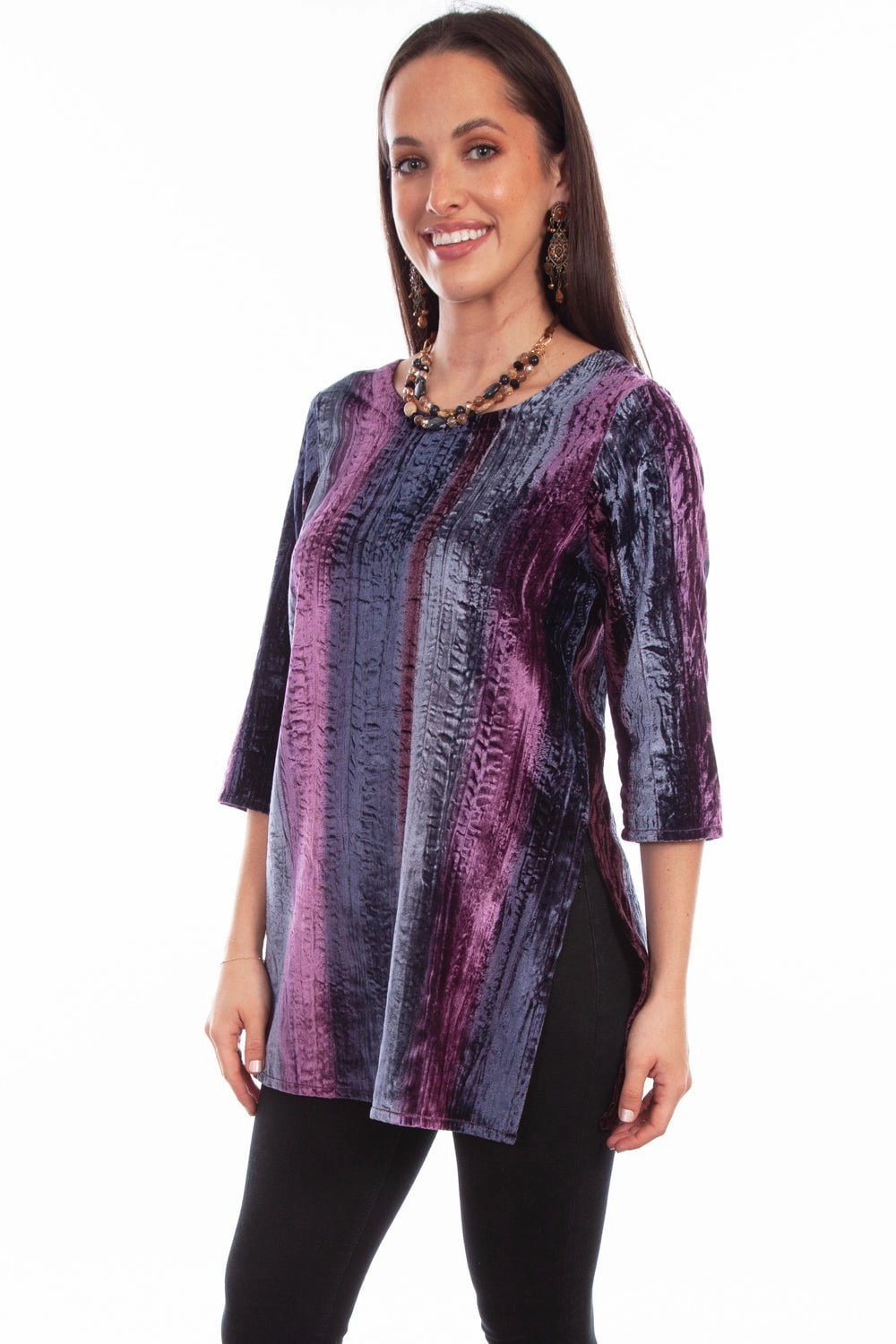Scully Womens Vibrant Velvet Plum Nylon Viscose 3/4 Sleeve S/S Tunic Airflow Ventilation System High Density Weave