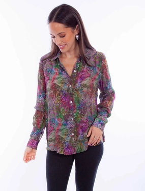 Scully Womens Vivid Distressed Multi-Color Rayon L/S Blouse Bamboo Fiber Blend Work From Home