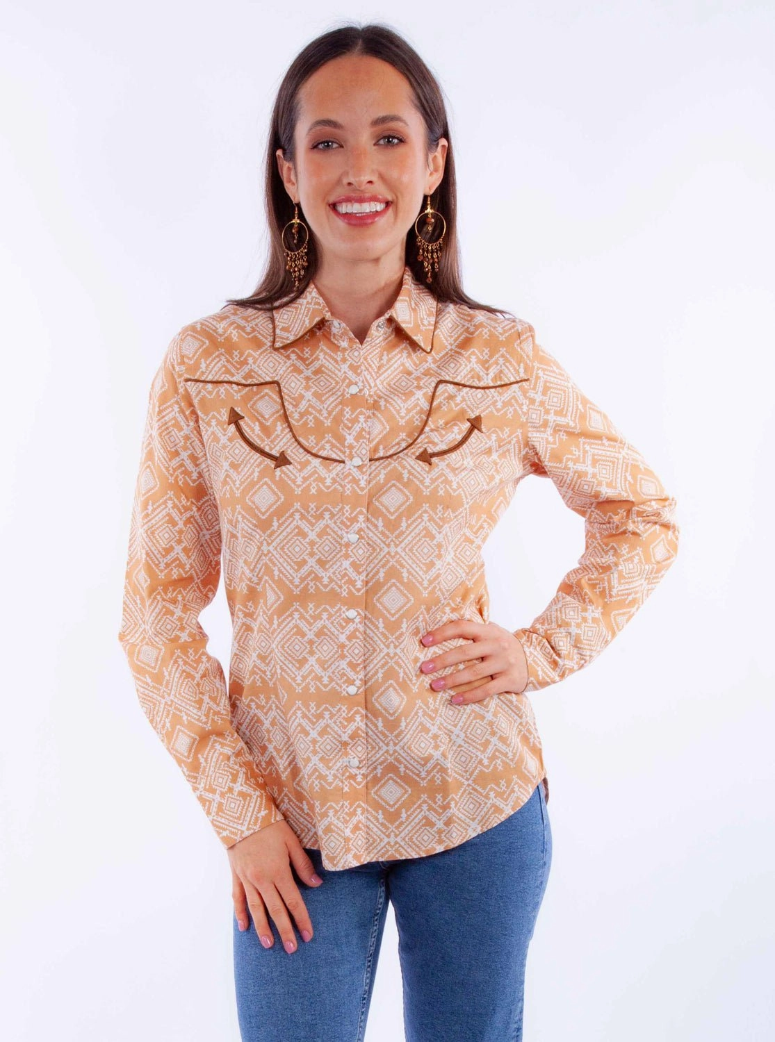 Scully Womens Western Geometric Ginger 100% Cotton L/S Shirt Modern Fit Stretch Fabric