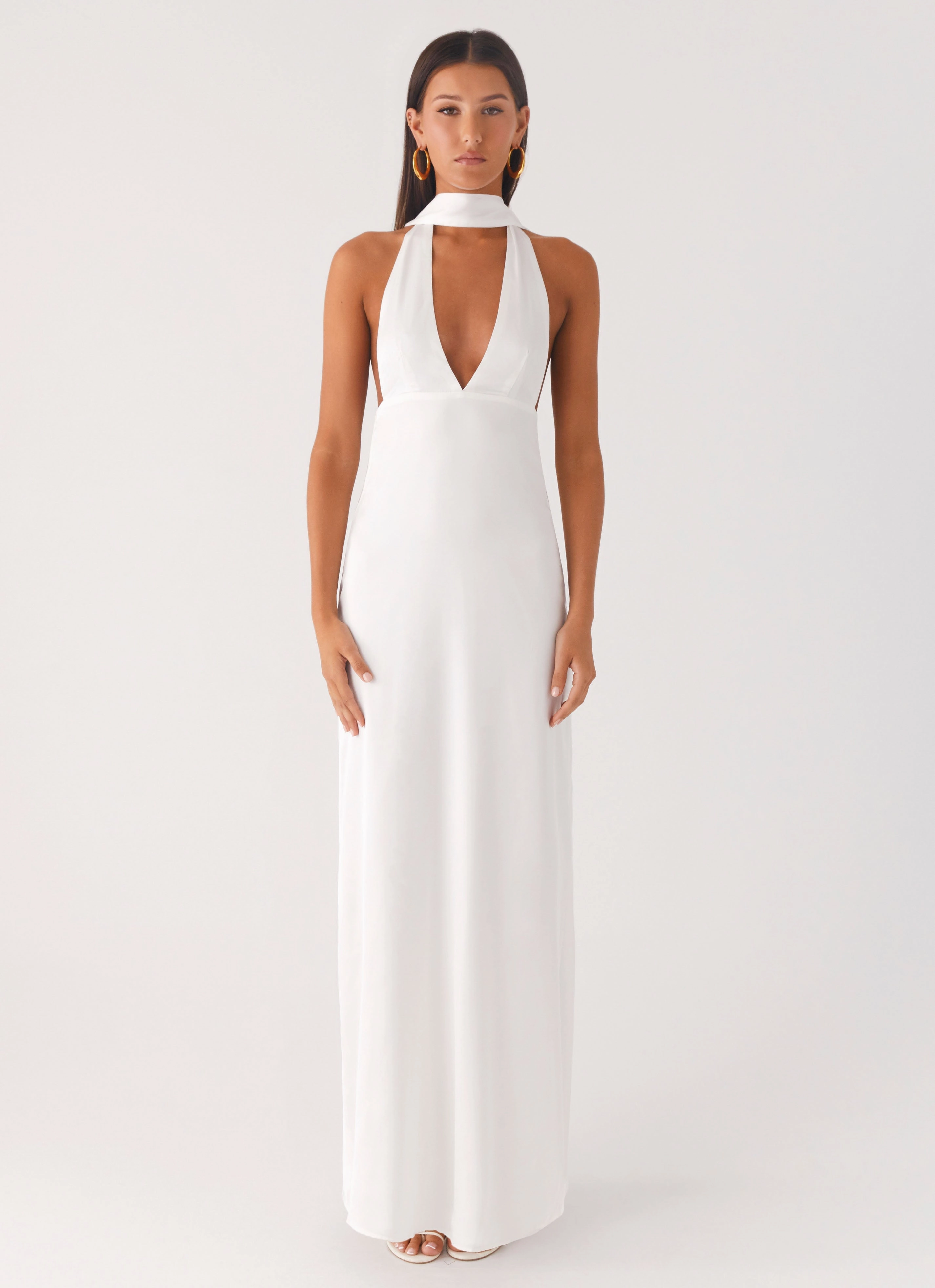 Soft Fit Wear Alicia Satin Halter Maxi Dress - White