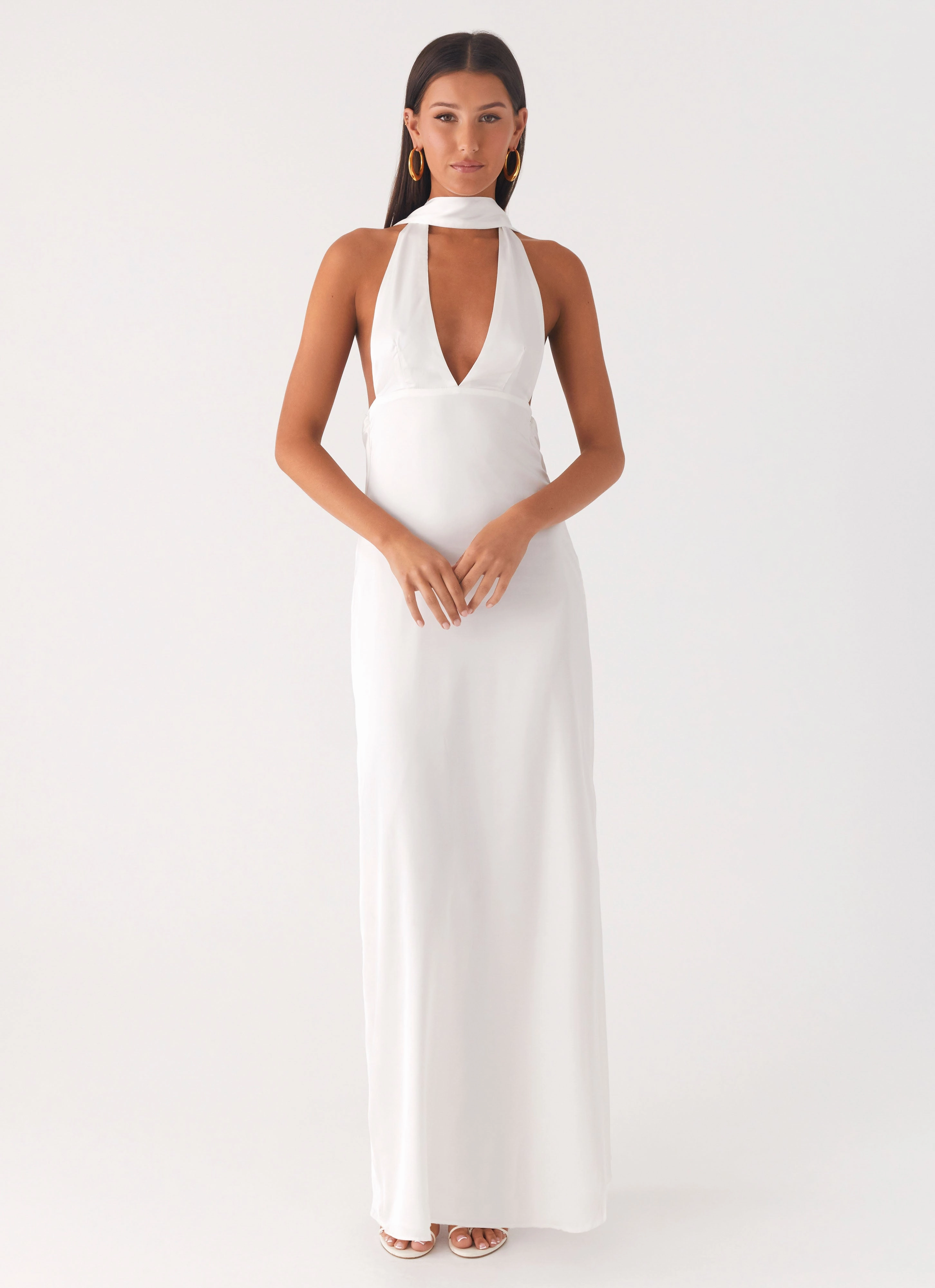 Sleek Fit Alicia Satin Halter Maxi Dress - White