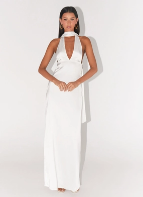 Alicia Satin Halter Maxi Dress - White Petite-Size