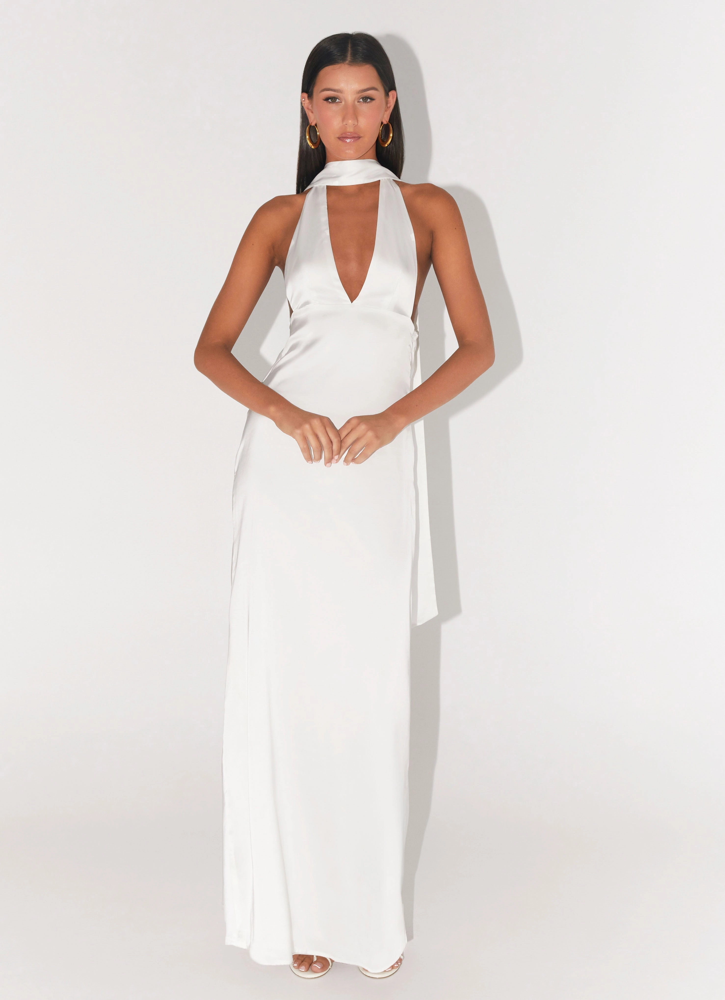 Alicia Satin Halter Maxi Dress - White Petite-Size