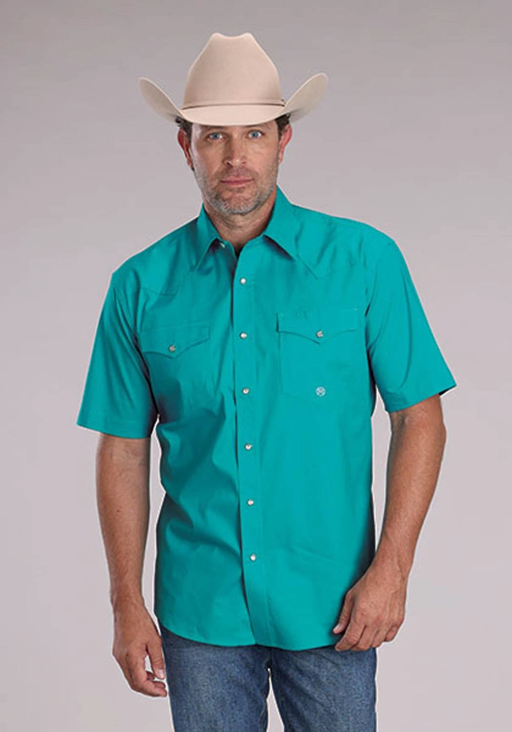 Moisture Wicking Layer Stylish Appearance Roper Mens 2509 Solid Stretch Poplin Turquoise Cotton Blend S/S Shirt