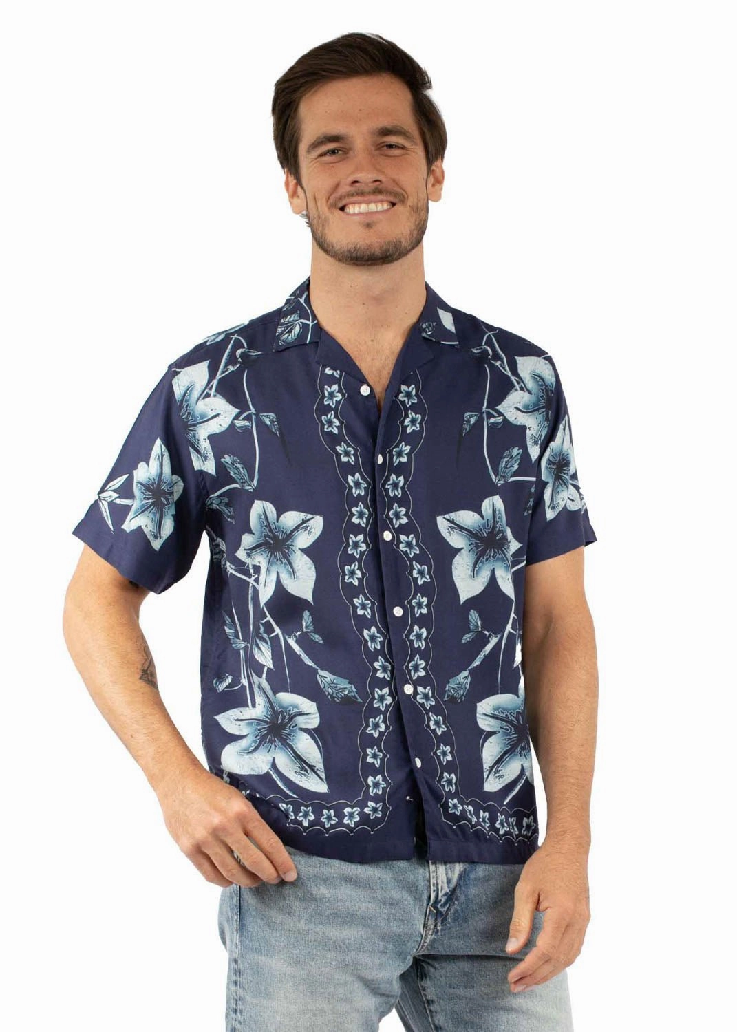 Scully Mens Hawaiian Orchid Print Navy 100% Viscose S/S Shirt Waffle Weave