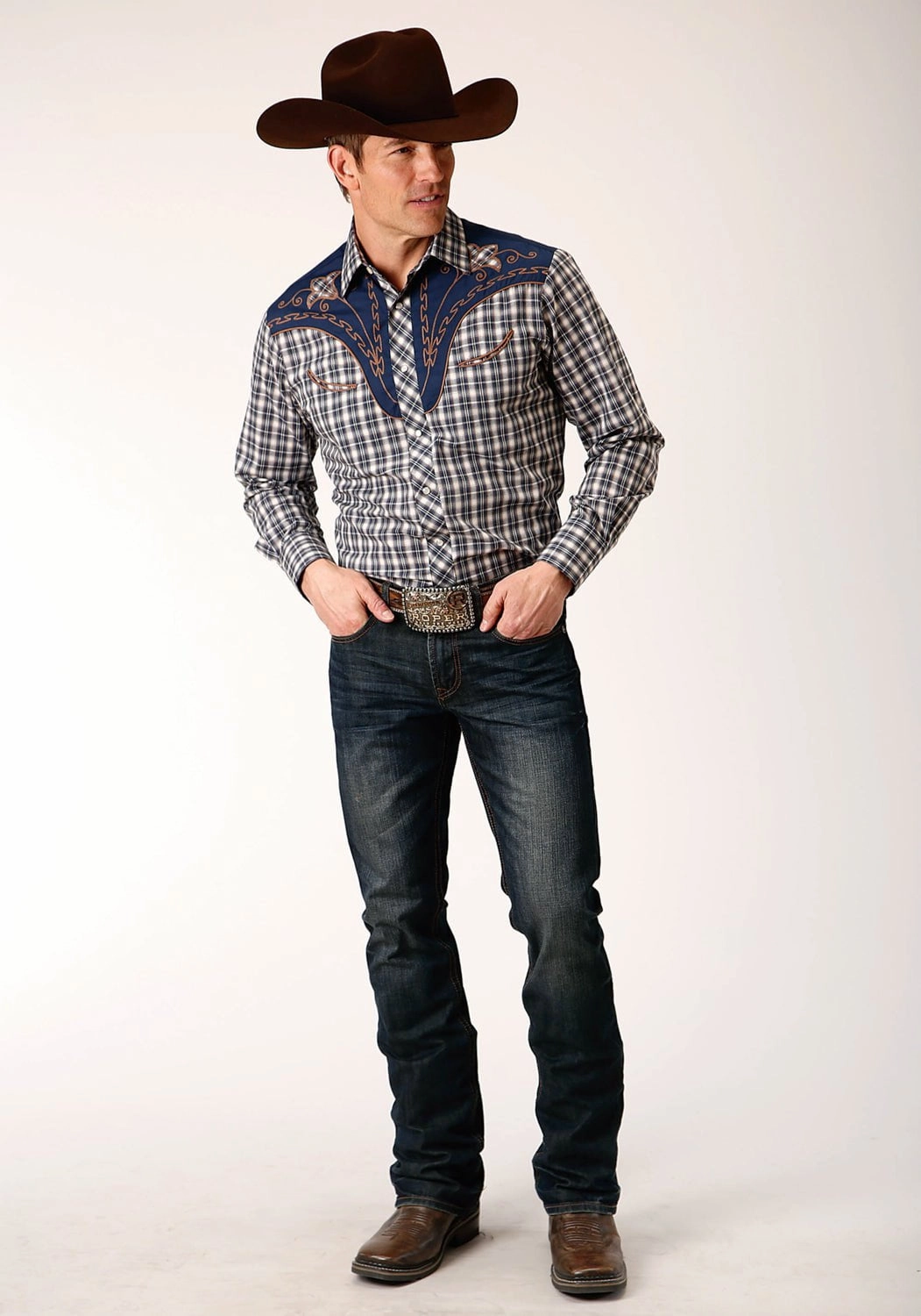 Roper Mens Small Scale Plaid Blue Cotton Blend L/S Shirt Warm Layers Stretch Fit Technology