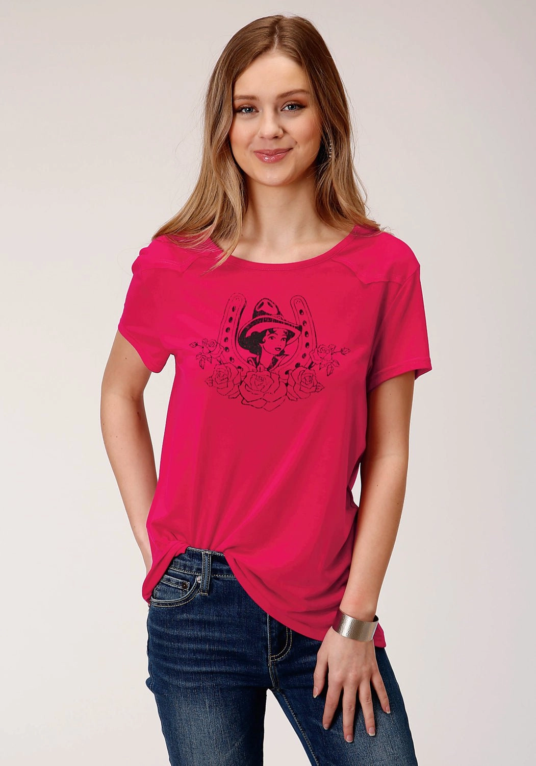 Roper Womens Red Poly/Rayon Horseshoe S/S Cowgirl T-Shirt Holiday Outfit