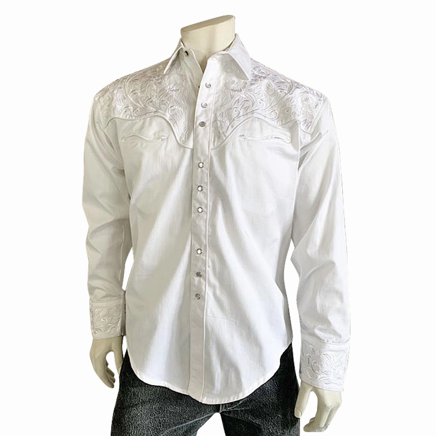 Rockmount Mens White/White 100% Cotton Vintage Tooling Embroidery L/S Shirt Smooth zipper closure