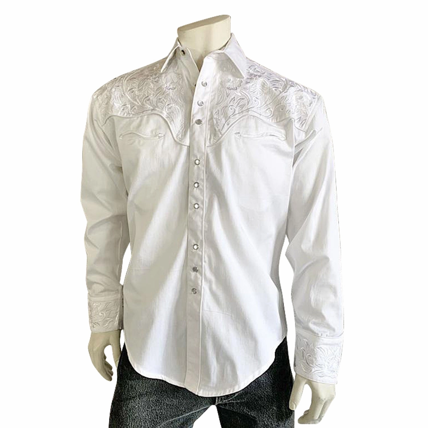 Split hem Rockmount Mens White/White 100% Cotton Vintage Tooling Embroidery L/S Shirt