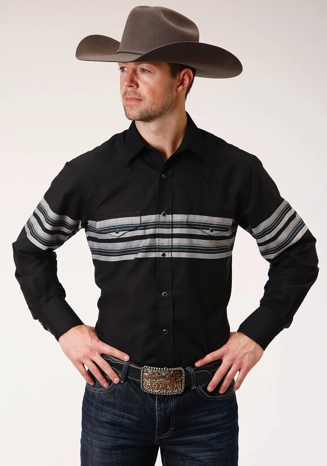 Wrinkle Resistant Roper Mens Black/Grey Cotton Blend Border Stripe L/S Shirt