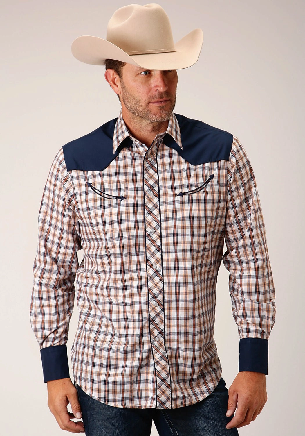 Non-irritating Roper Mens Windowpane Plaid Fancy Navy/Gold Cotton Blend L/S Shirt