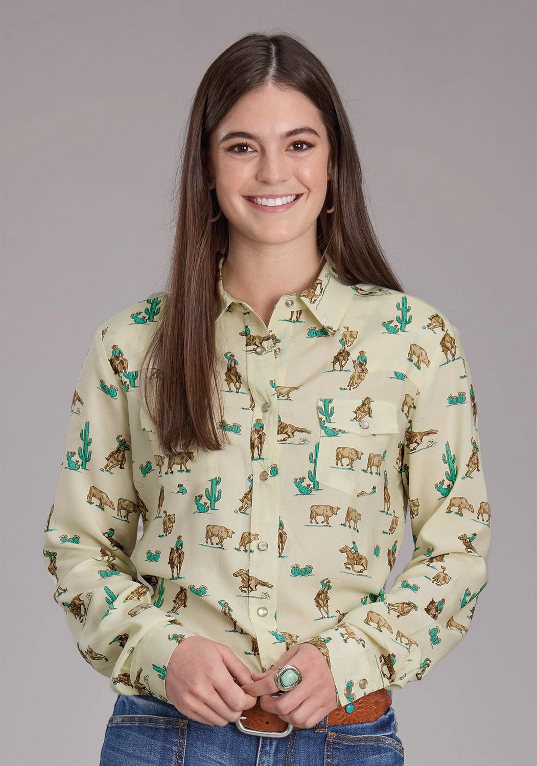 Roper Womens 2424 Printed Ropers Cream 100% Rayon L/S Shirt Anniversary Celebration