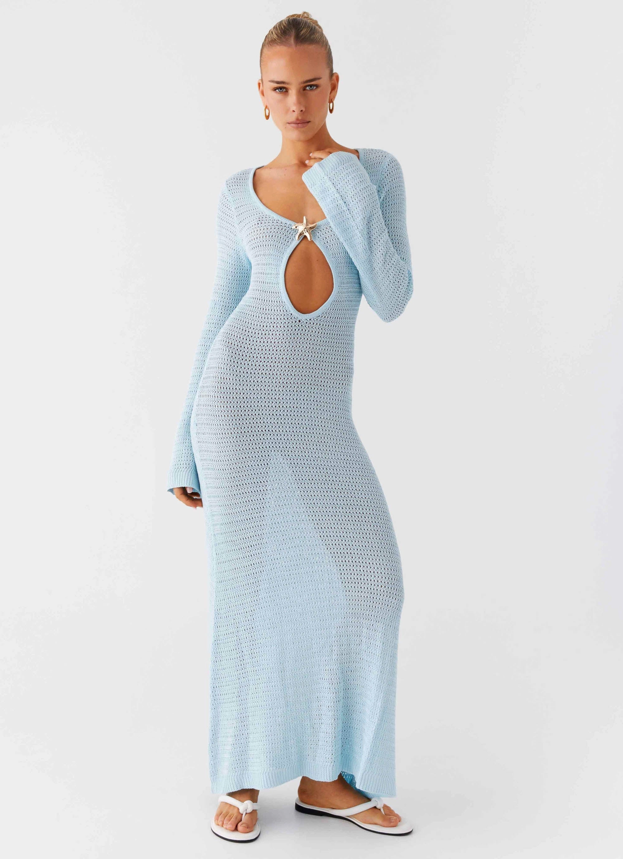 Flutter-Sleeve Seascape Chochet Maxi Dress - Blue
