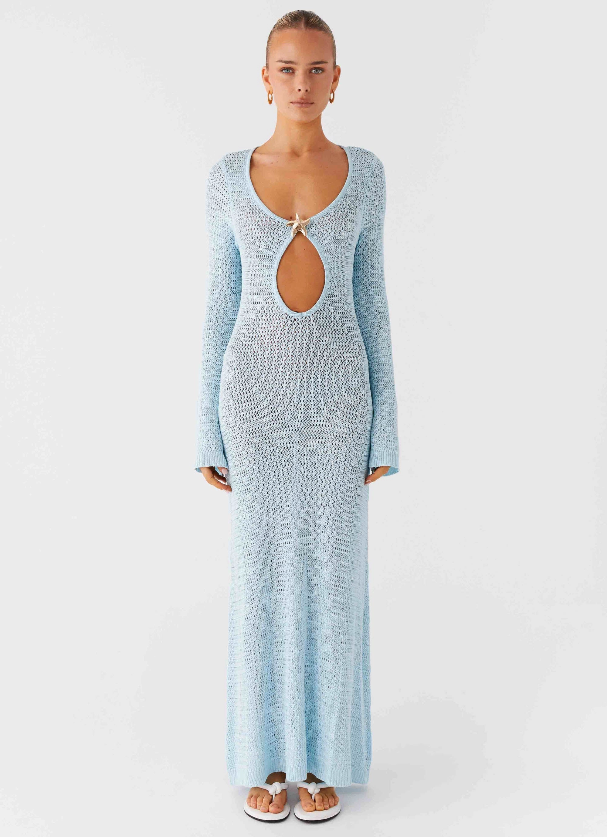 Earth Colors Seascape Chochet Maxi Dress - Blue