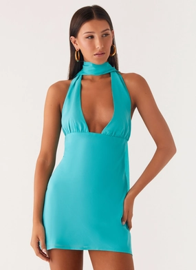 Effortless Touch Melisande Scarf Neck Mini Dress - Aqua Blue
