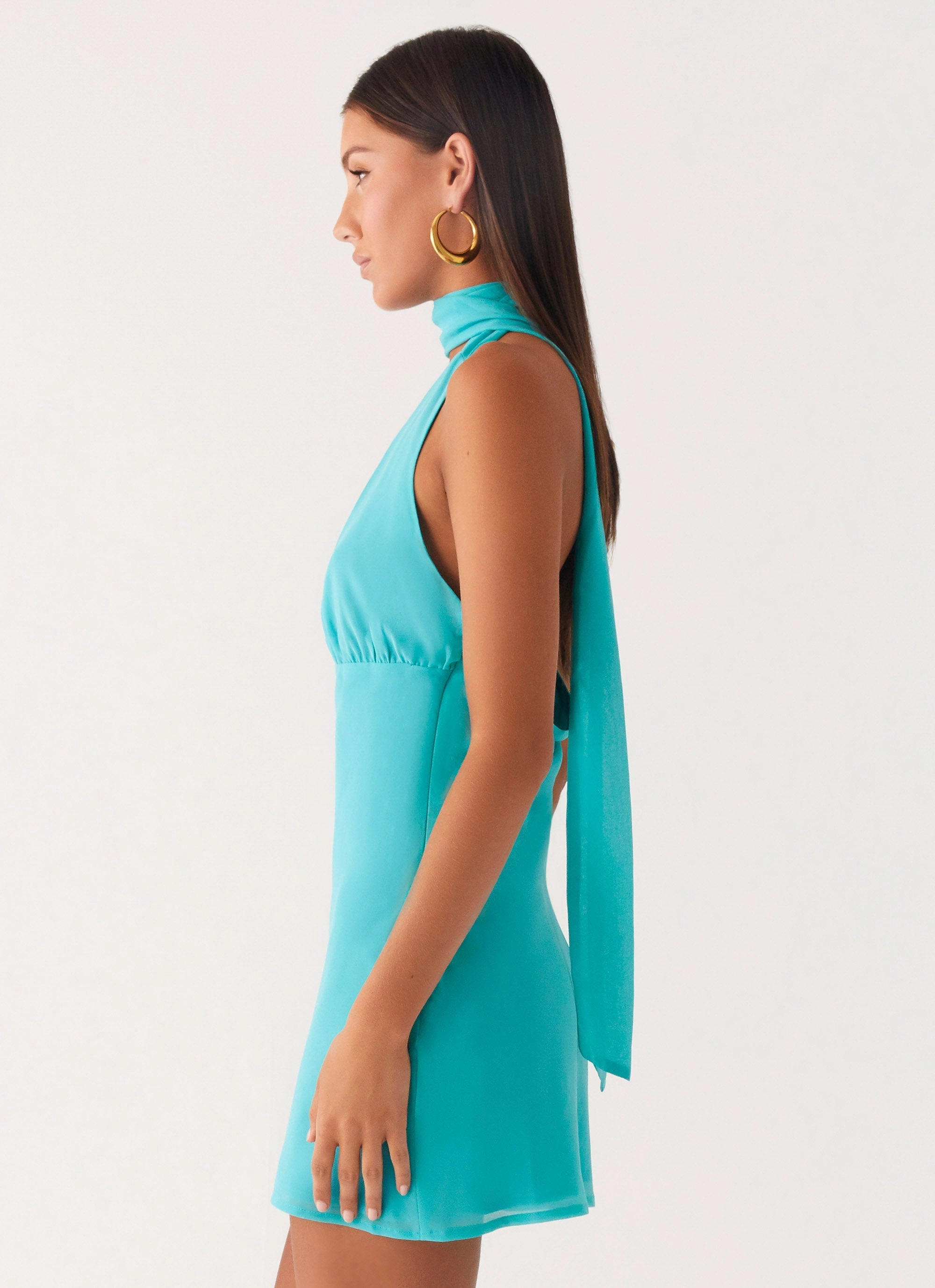 Calm Drape Light and Comfortable Wear Melisande Scarf Neck Mini Dress - Aqua Blue