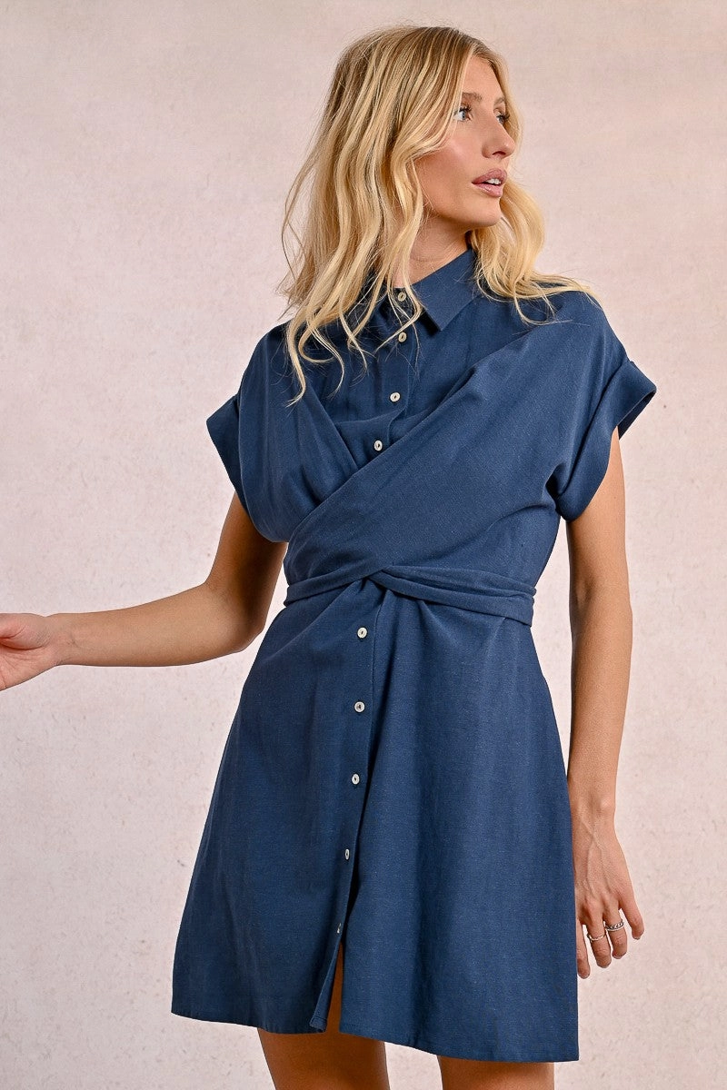 Everyday Comfort Tie Back Shirt Dress in Navy